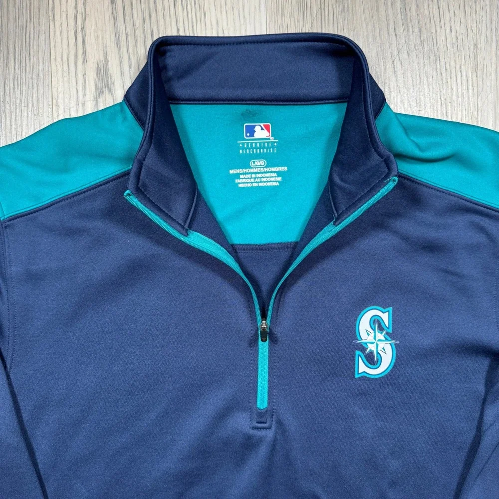 Seattle Mariners MLB Quarter Zip Pullover Navy Teal Mens Large Performance L NWT